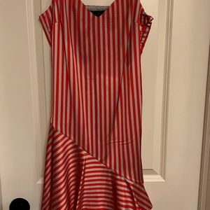 Lea & Viola asymmetrical grey/ red stripe dress. Size small.